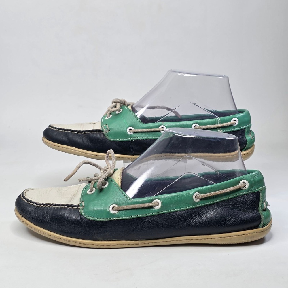 LL Bean Boat Shoes Womens 8 M Navy Green White Leather Slip On Loafers Moccasins